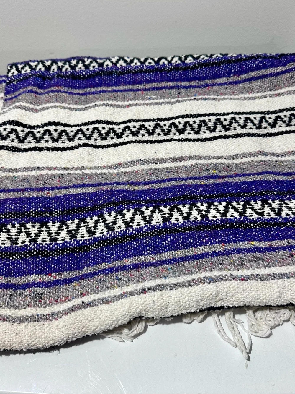Woven Striped Baja-Style Blanket in Purple, White & Black